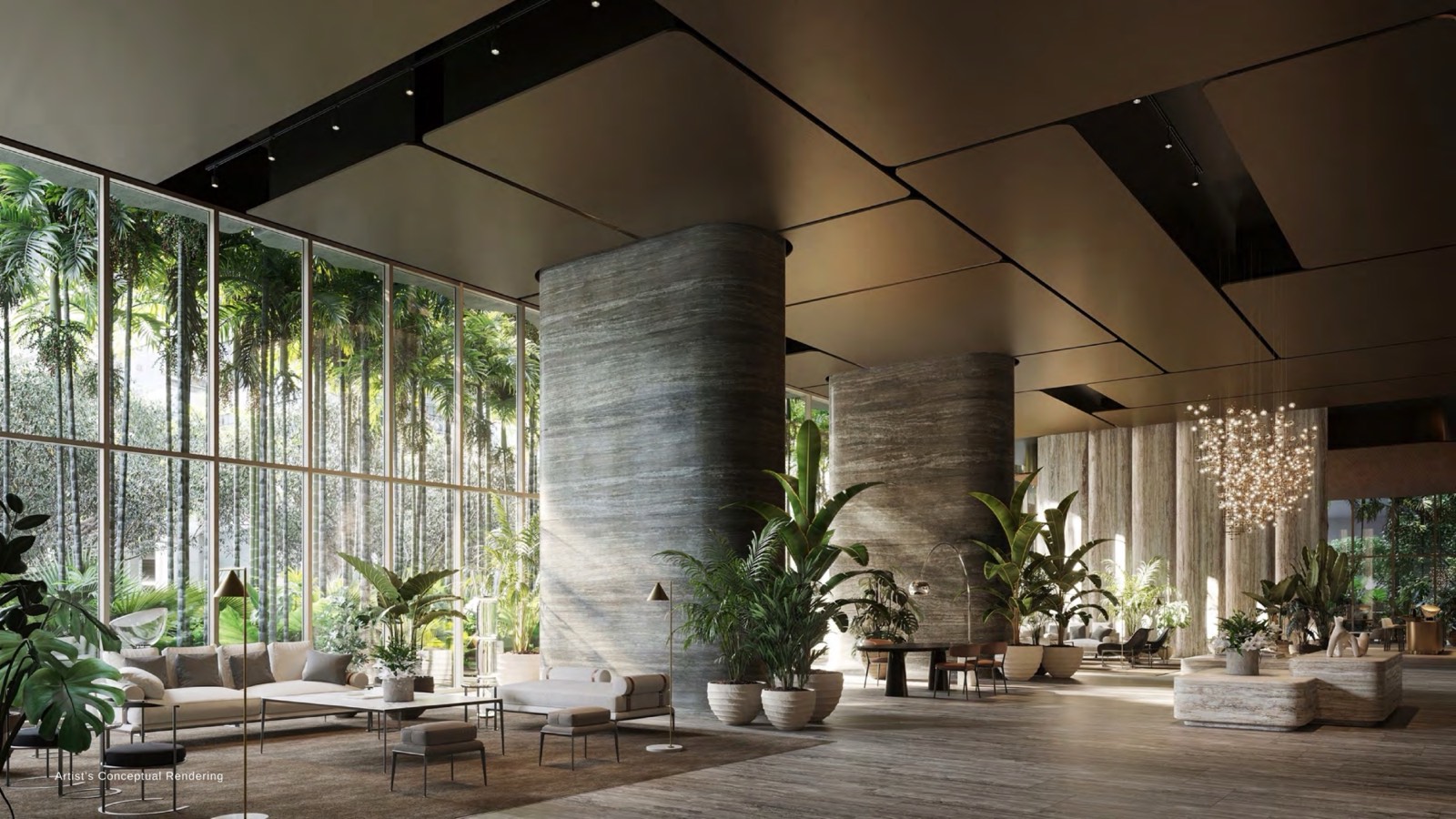 Lobby de doble altura con jardín tropical