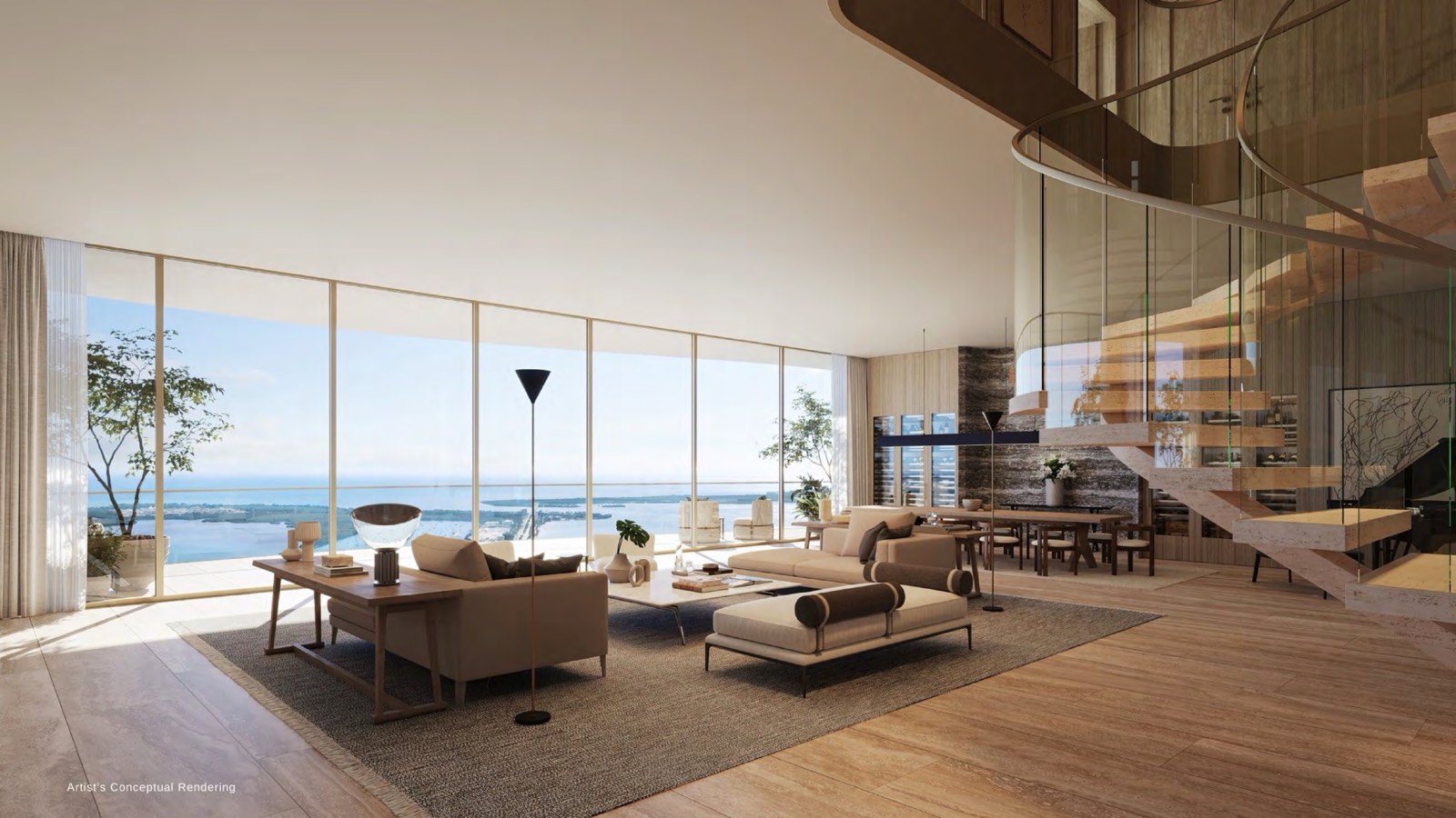 Sala de residencia con vista al mar y doble altura