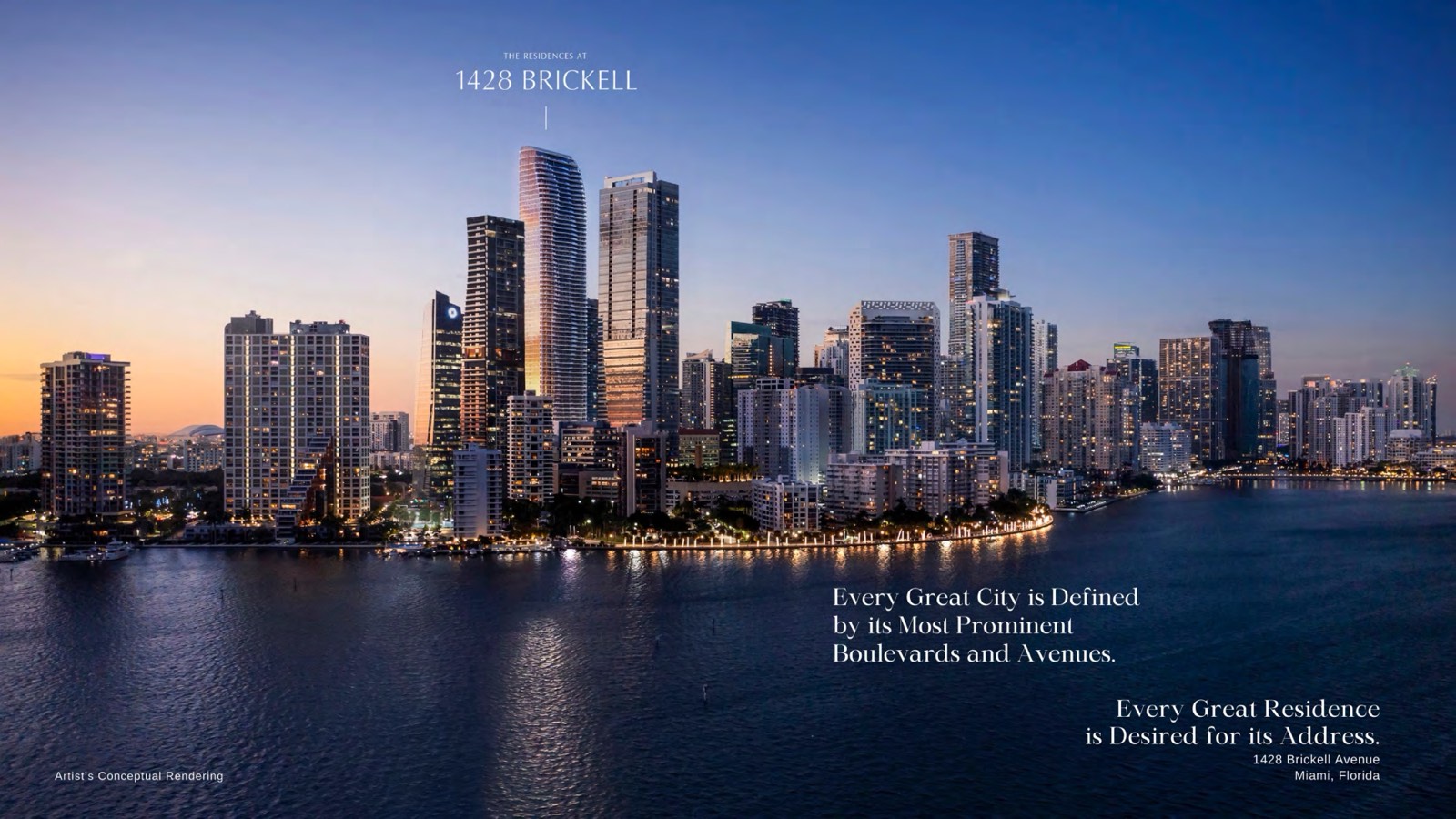 Torre de 1428 Brickell en el skyline de Miami al atardecer