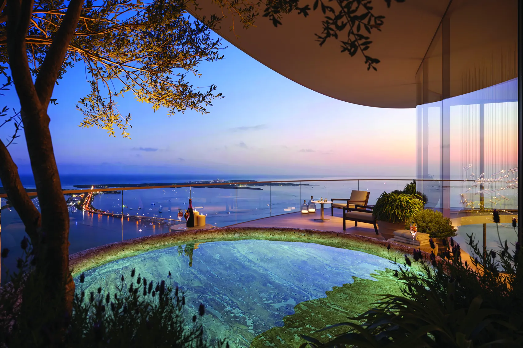 Private lounge pool on the terrace at dusk